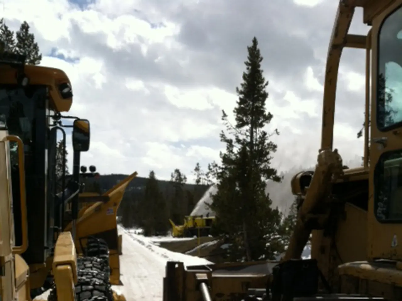 In the image there are two cranes on the snow road with trees on either side and above its sky with...