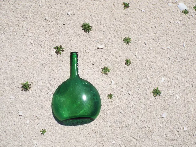 In this image we can see a glass bottle which is green in color is on the ground and there are some...