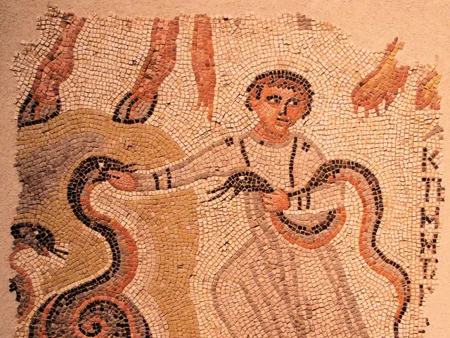 In this picture we can see a platform and on this platform we can see a mosaic art of snakes and a...