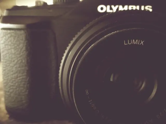 In this image, there is a black color camera, on that camera there is LUMIX is written.