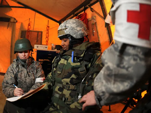 In the foreground of the picture we can see soldiers. On the right the soldier is writing something...