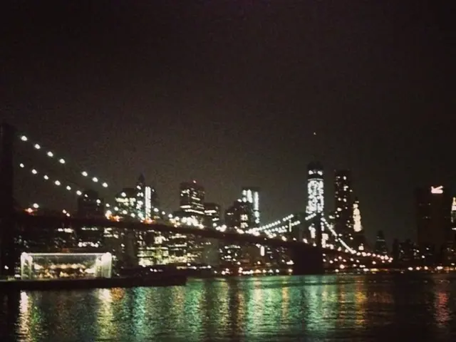 In this image we can see a few buildings with lights, there is a bridge above the water and also we...